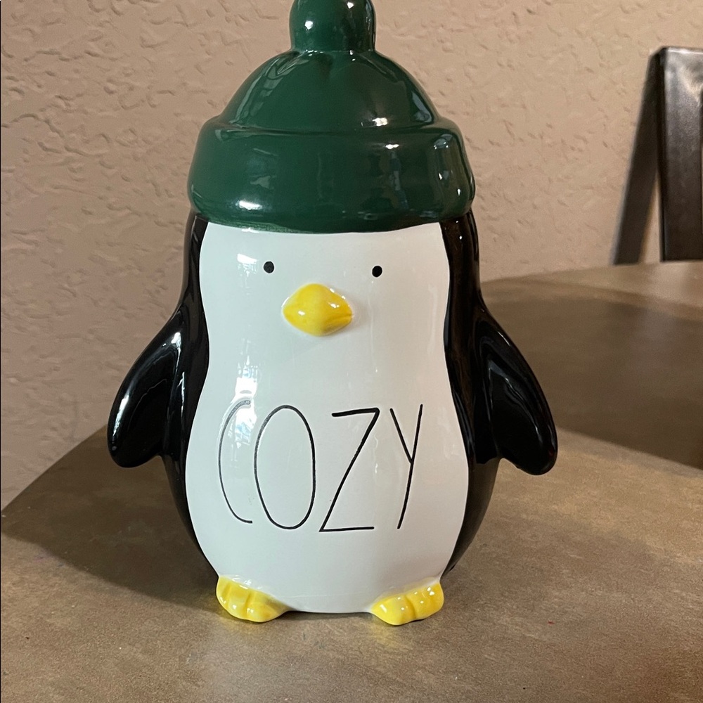 Rae Dunn COZY Penguin w Green Pom Pom Hat Winter Holiday Decor 8"